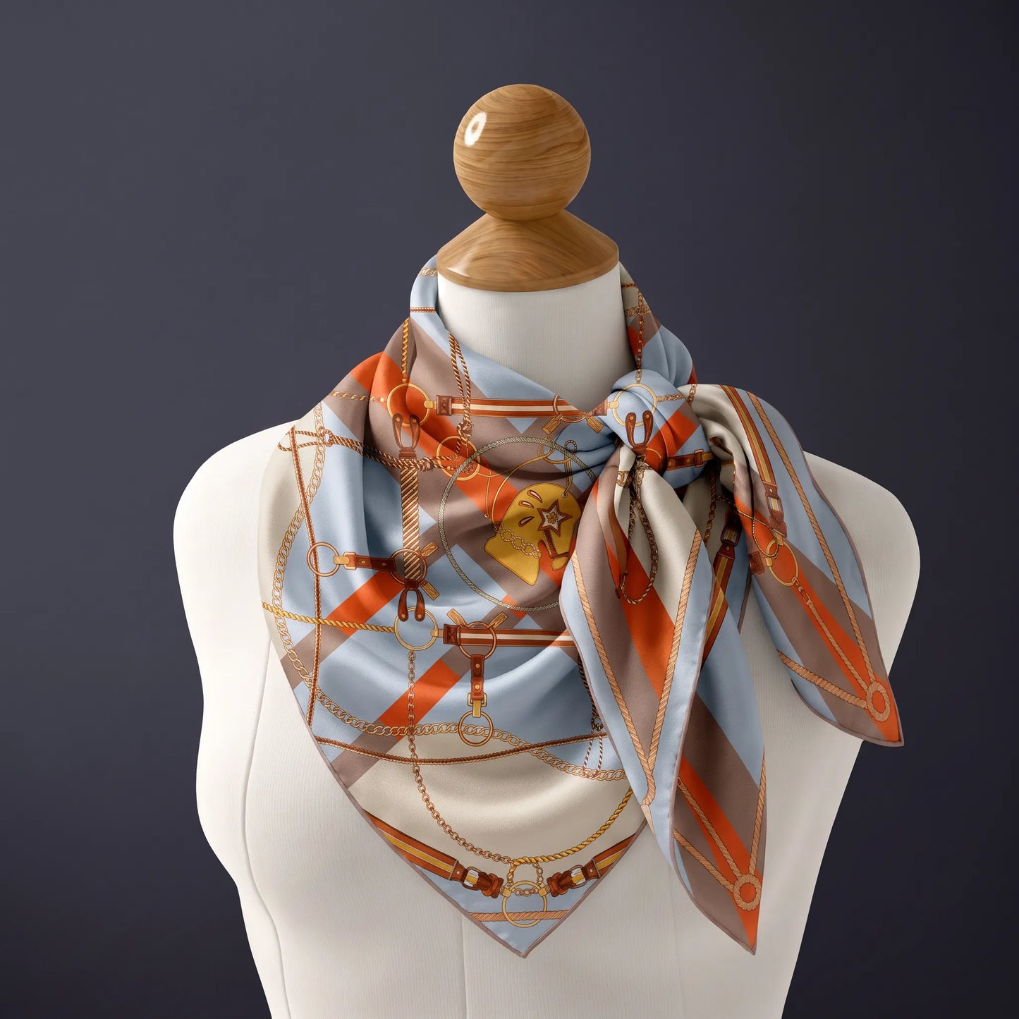 Azure Chain – Double-Sided 100% Mulberry Silk Twill Scarf | Hand-Rolled Edges