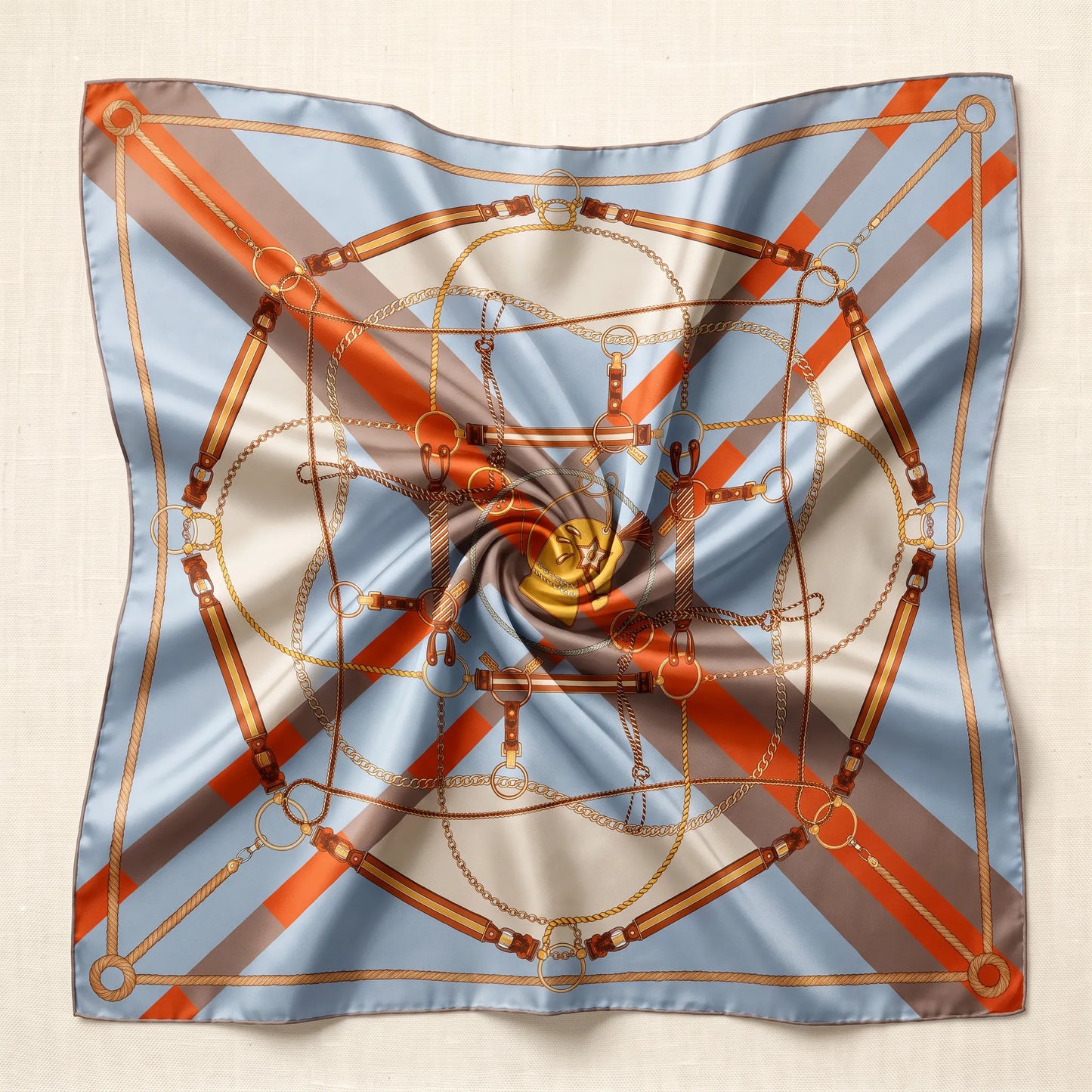 Azure Chain – Double-Sided 100% Mulberry Silk Twill Scarf | Hand-Rolled Edges