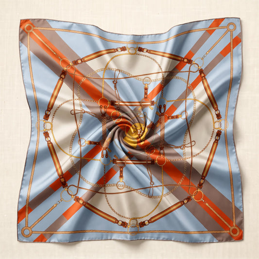 Azure Chain – Double-Sided 100% Mulberry Silk Twill Scarf | Hand-Rolled Edges