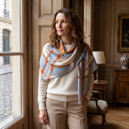 Azure Chain – Double-Sided 100% Mulberry Silk Twill Scarf | Hand-Rolled Edges
