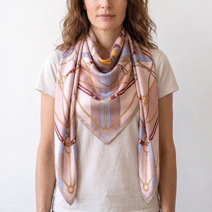 Azure Chain – Double-Sided 100% Mulberry Silk Twill Scarf | Hand-Rolled Edges