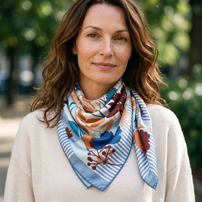 Woodland Bloom – 100% Mulberry Silk Crepe Satin Scarf | Hand-Rolled Edges