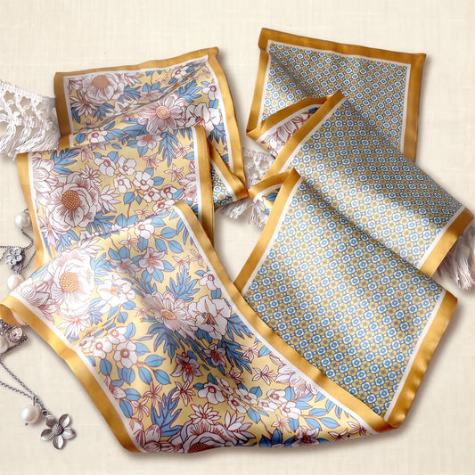 Golden Meadow – Double-Sided 100% Mulberry Silk Twilly Scarf | 12 Momme