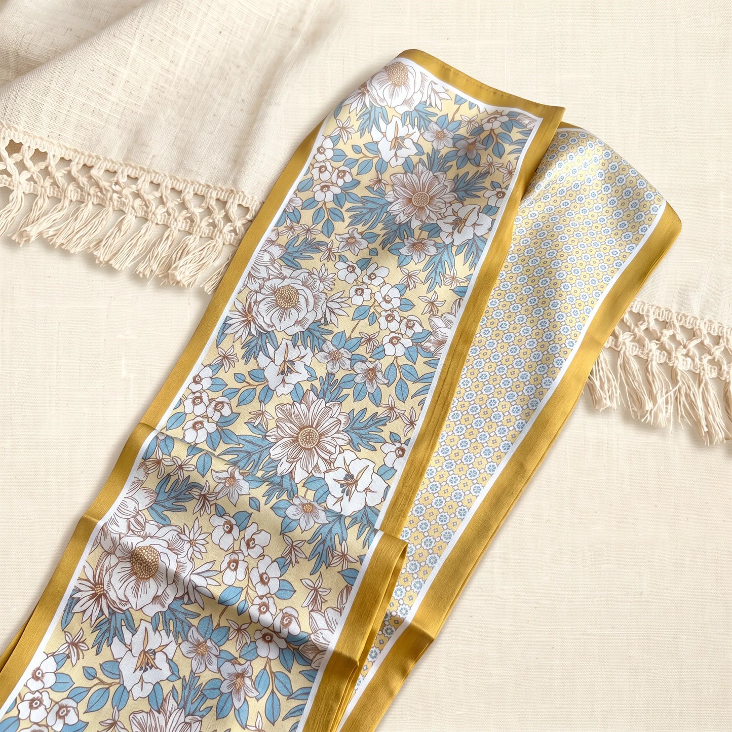 Golden Meadow – Double-Sided 100% Mulberry Silk Twilly Scarf | 12 Momme