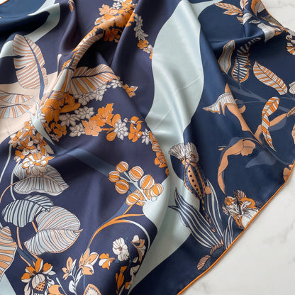 Nocturne Bloom – 100% Mulberry Silk Twill Scarf | Hand-Rolled Edges