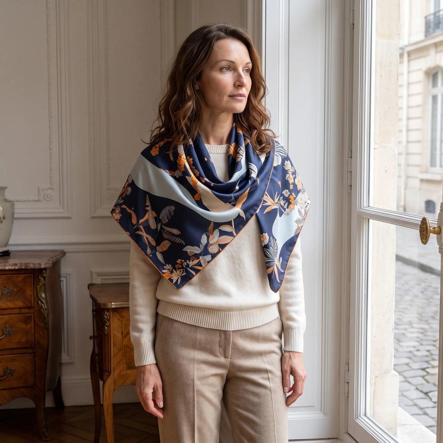 Nocturne Bloom – 100% Mulberry Silk Twill Scarf | Hand-Rolled Edges