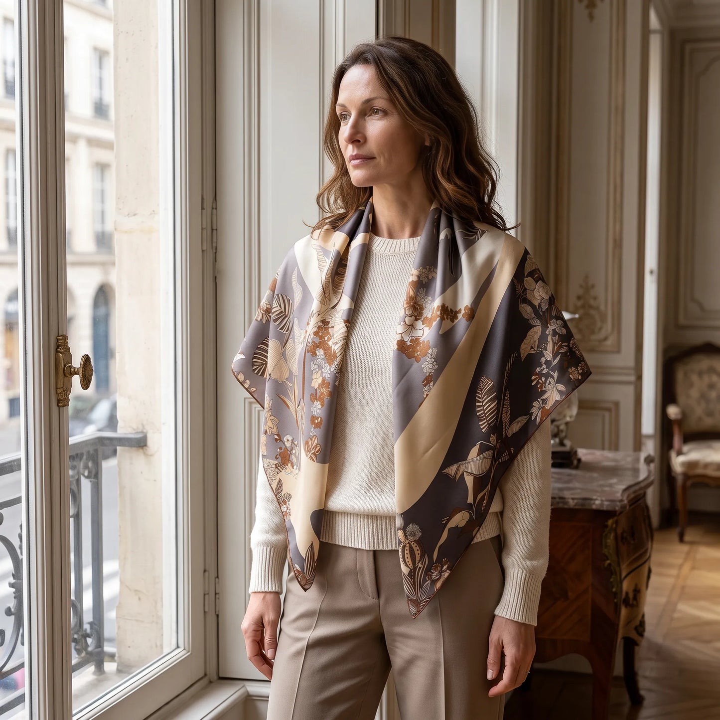 Ivory Garden – 100% Mulberry Silk Twill Scarf | Hand-Rolled Edges