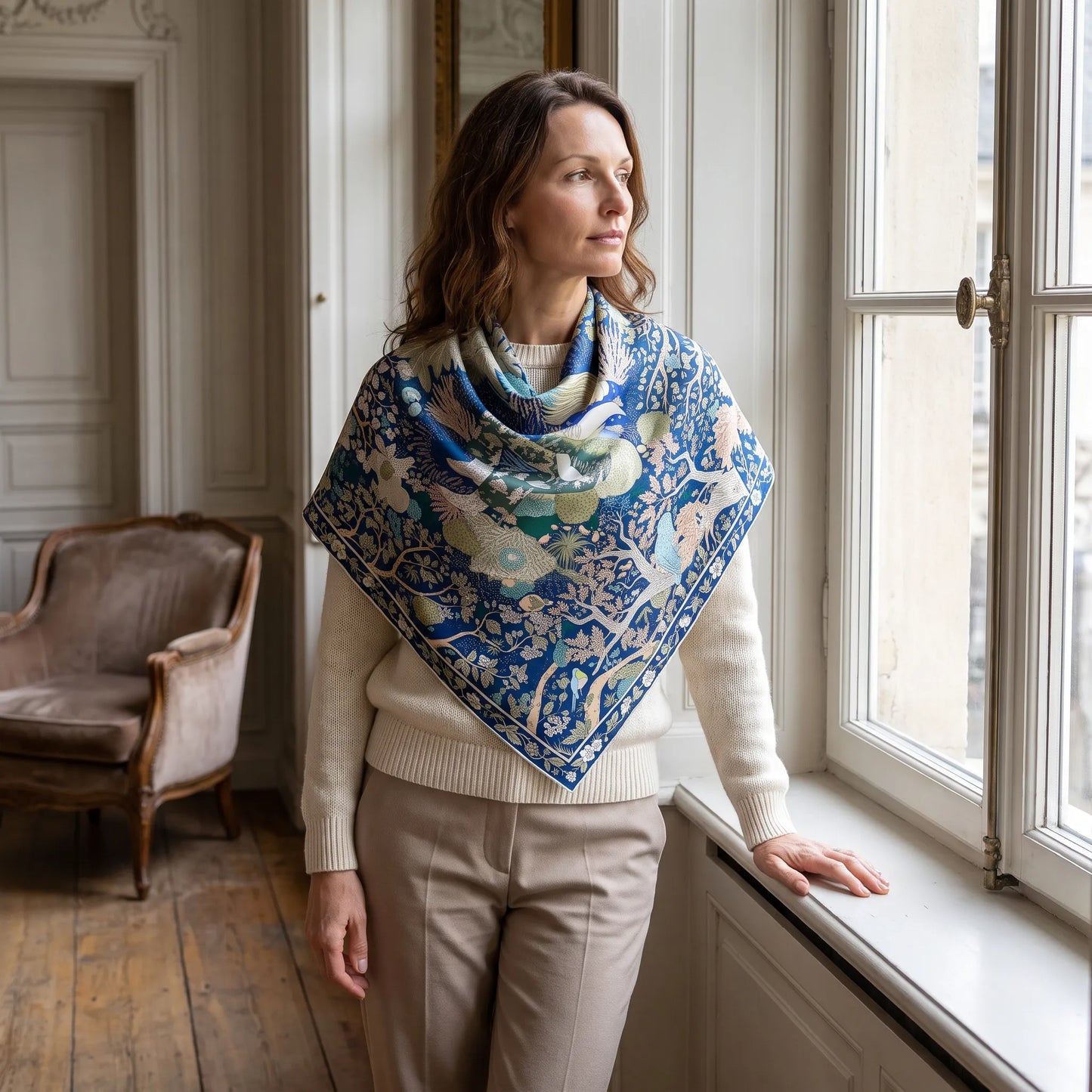 Cobalt Garden – 100% Mulberry Silk Scarf | Hand-Rolled Edges