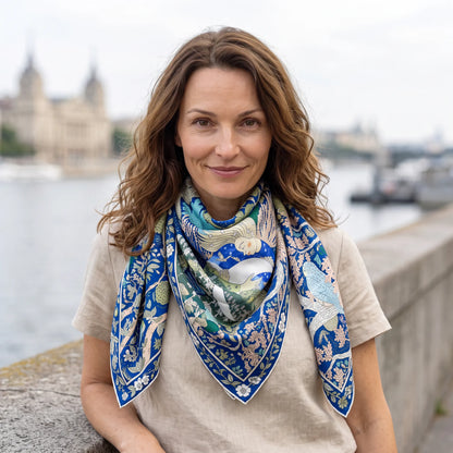 Cobalt Garden – 100% Mulberry Silk Scarf | Hand-Rolled Edges