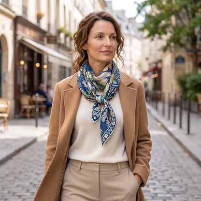 Cobalt Garden – 100% Mulberry Silk Scarf | Hand-Rolled Edges