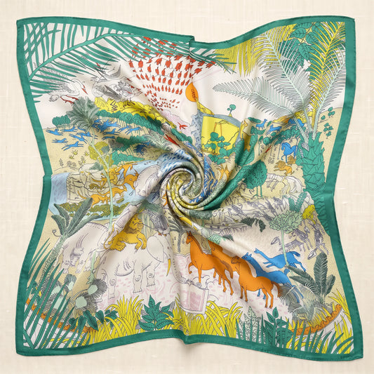 Woodland Menagerie – 100% Mulberry Silk Crepe Satin Scarf