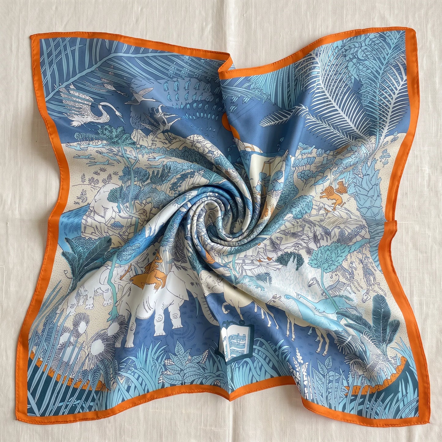 Azure Menagerie – 100% Mulberry Silk Crepe Satin Scarf