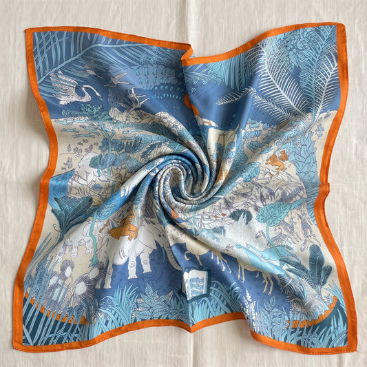 Azure Menagerie – 100% Mulberry Silk Crepe Satin Scarf