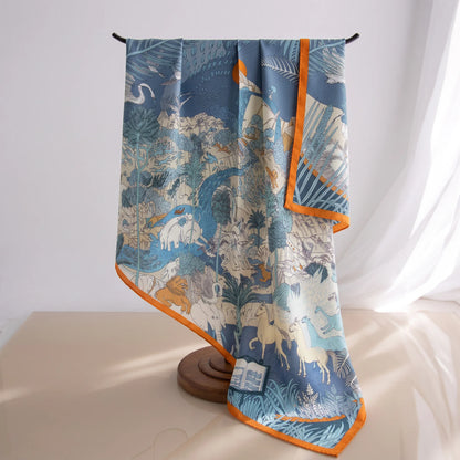 Azure Menagerie – 100% Mulberry Silk Crepe Satin Scarf