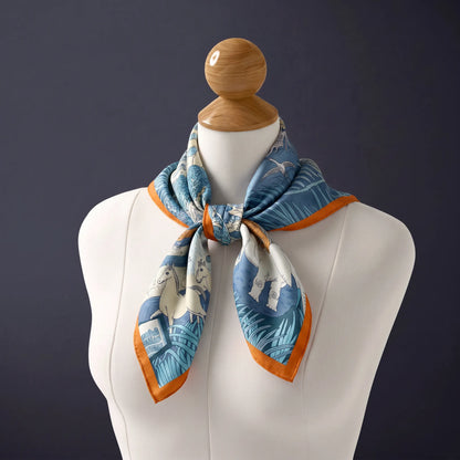 Azure Menagerie – 100% Mulberry Silk Crepe Satin Scarf