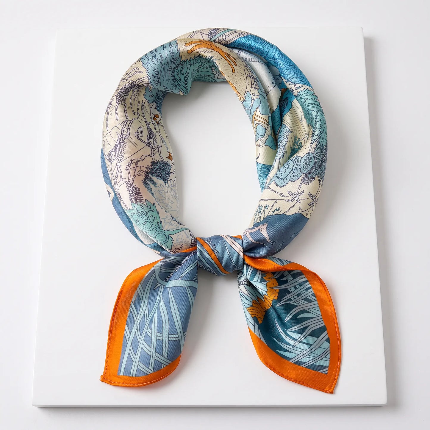Azure Menagerie – 100% Mulberry Silk Crepe Satin Scarf