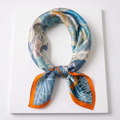 Azure Menagerie – 100% Mulberry Silk Crepe Satin Scarf