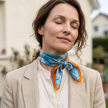Azure Menagerie – 100% Mulberry Silk Crepe Satin Scarf