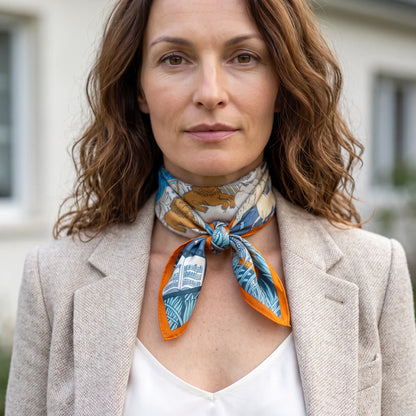 Azure Menagerie – 100% Mulberry Silk Crepe Satin Scarf