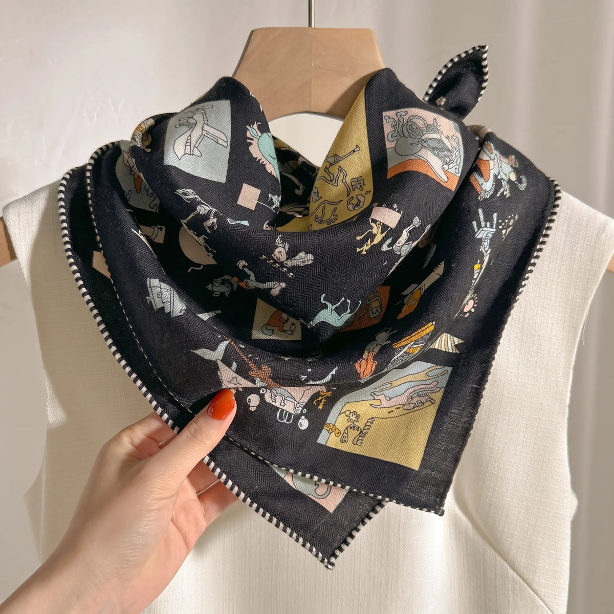 Camden Illustrated – Midnight | Double-Sided 70% Wool 30% Silk Scarf