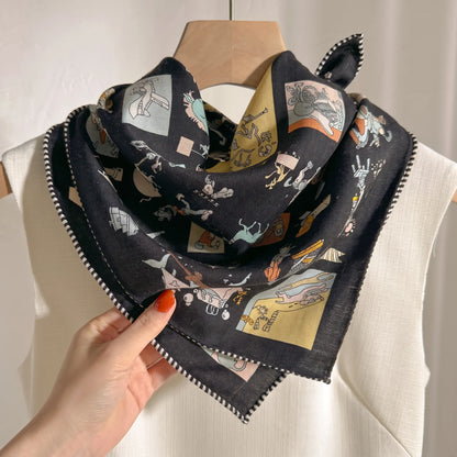 Camden Illustrated – Midnight | Double-Sided 70% Wool 30% Silk Scarf
