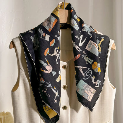 Camden Illustrated – Midnight | Double-Sided 70% Wool 30% Silk Scarf