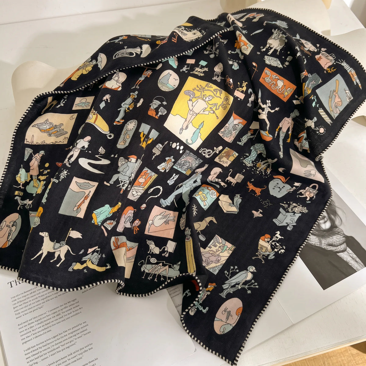 Camden Illustrated – Midnight | Double-Sided 70% Wool 30% Silk Scarf