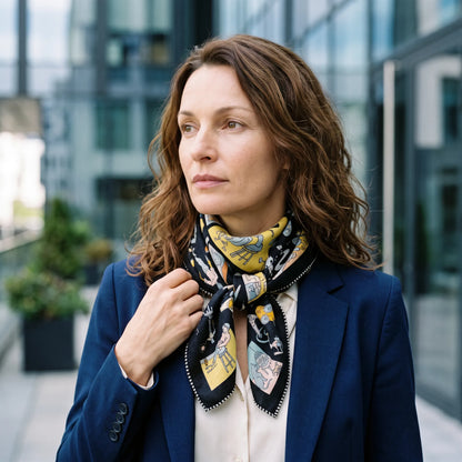 Camden Illustrated – Midnight | Double-Sided 70% Wool 30% Silk Scarf