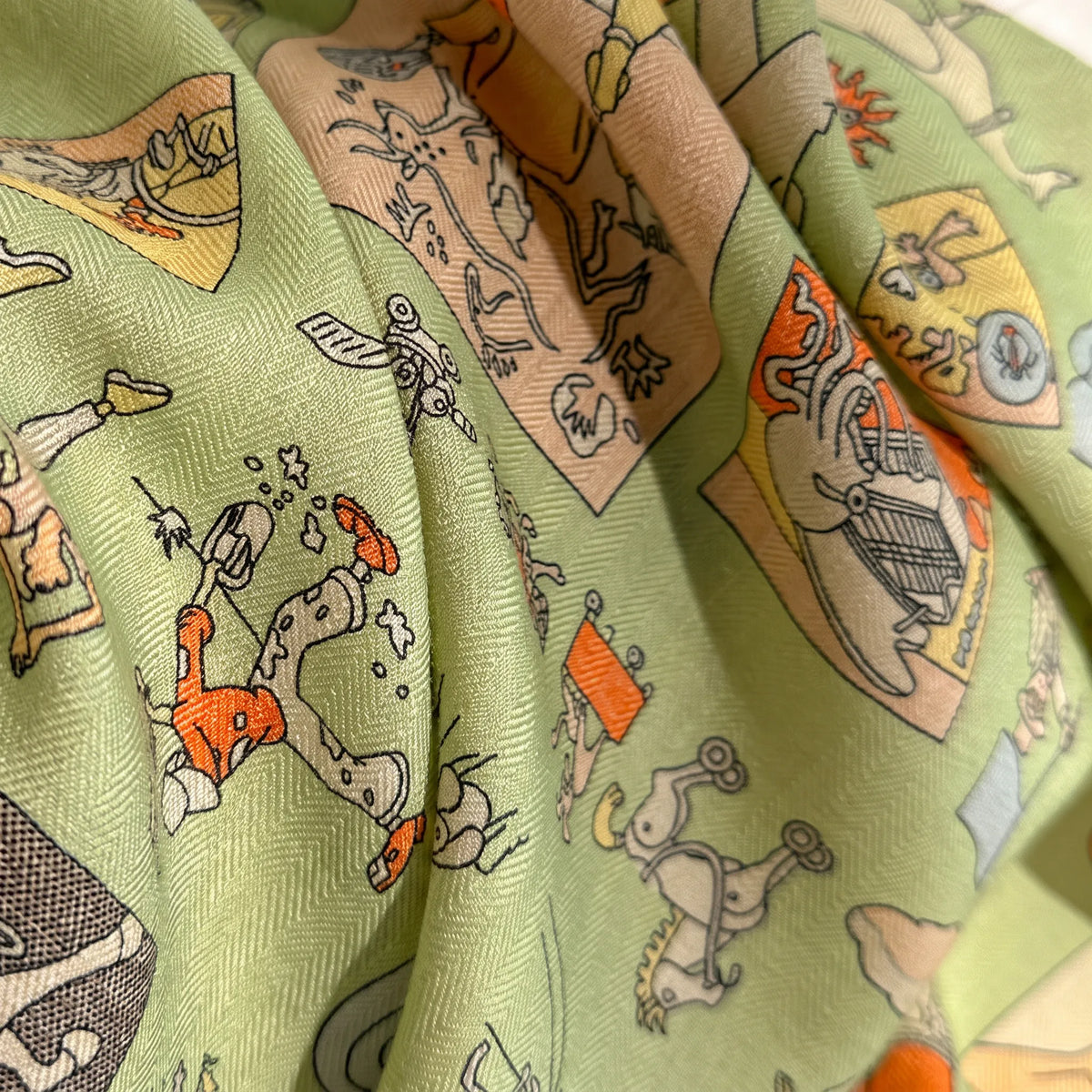 Camden Illustrated – Sage | Double-Sided 70% Wool 30% Silk Scarf