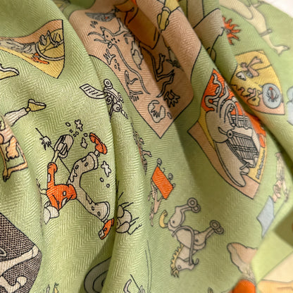 Camden Illustrated – Sage | Double-Sided 70% Wool 30% Silk Scarf