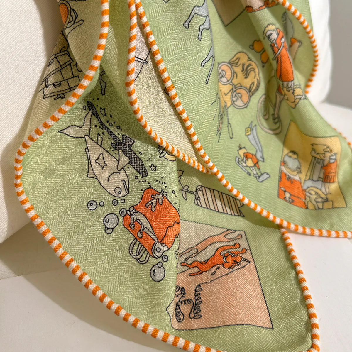 Camden Illustrated – Sage | Double-Sided 70% Wool 30% Silk Scarf