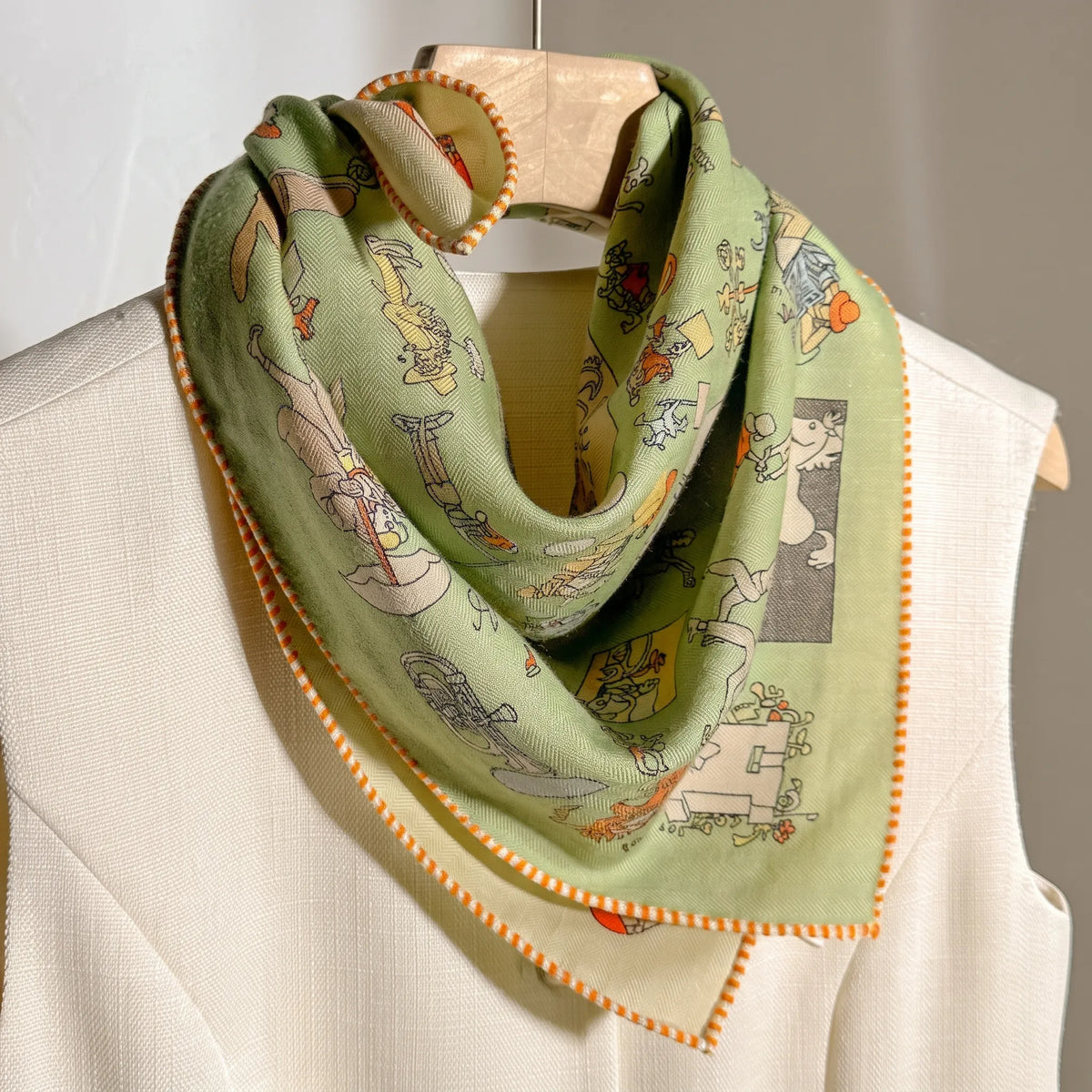 Camden Illustrated – Sage | Double-Sided 70% Wool 30% Silk Scarf