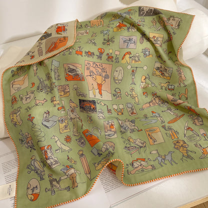 Camden Illustrated – Sage | Double-Sided 70% Wool 30% Silk Scarf